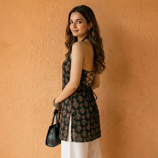 Noirika Lace-Back Halter Kurti