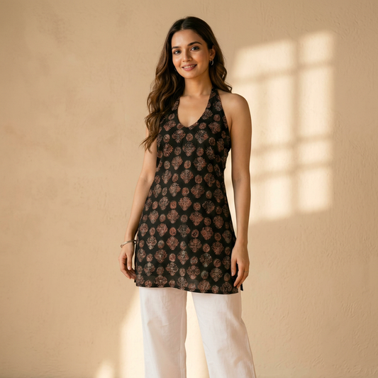 Noirika Lace-Back Halter Kurti