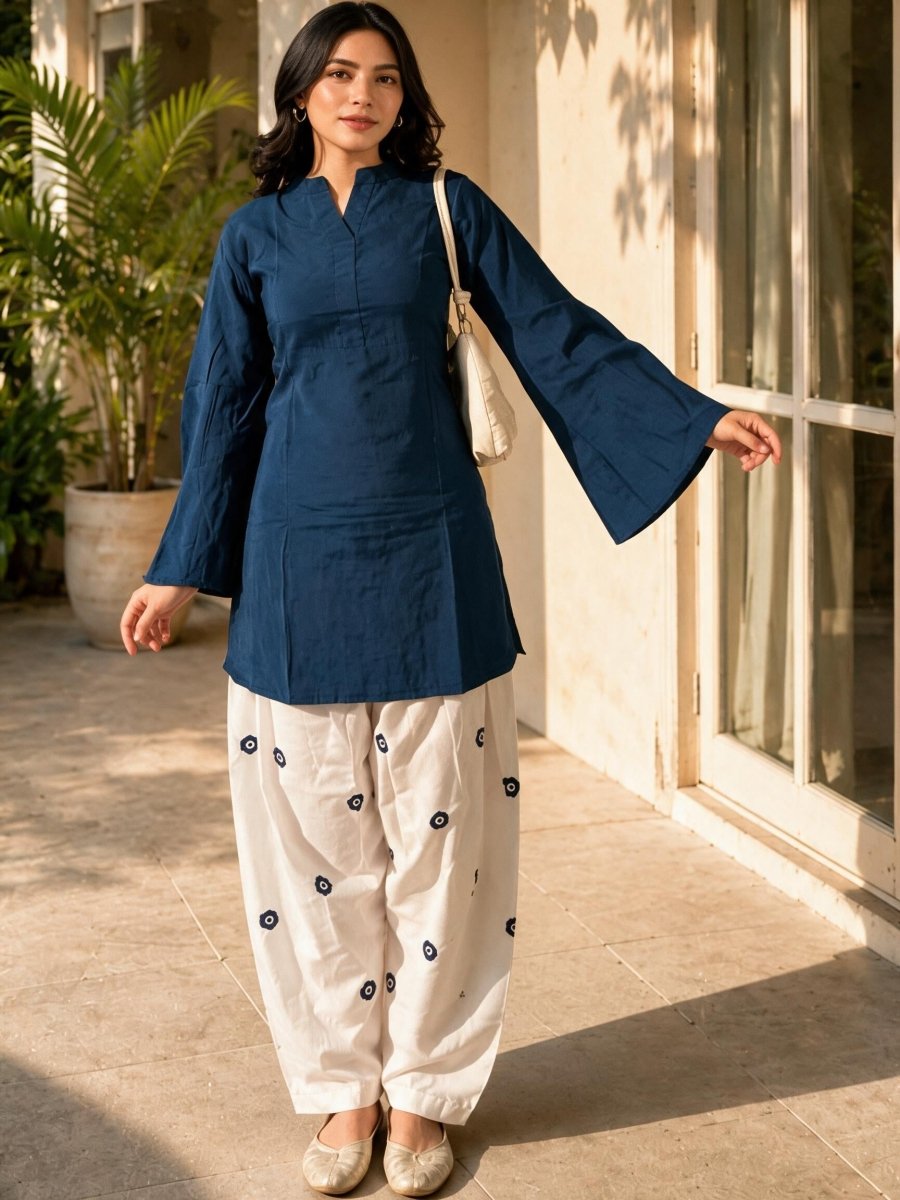 Navy Blue Rayon Kurti with Farshi Salwar Set - Soraani