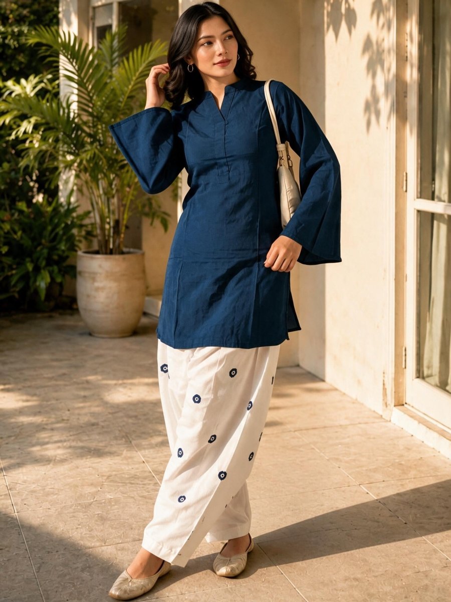 Navy Blue Rayon Kurti with Farshi Salwar Set - Soraani