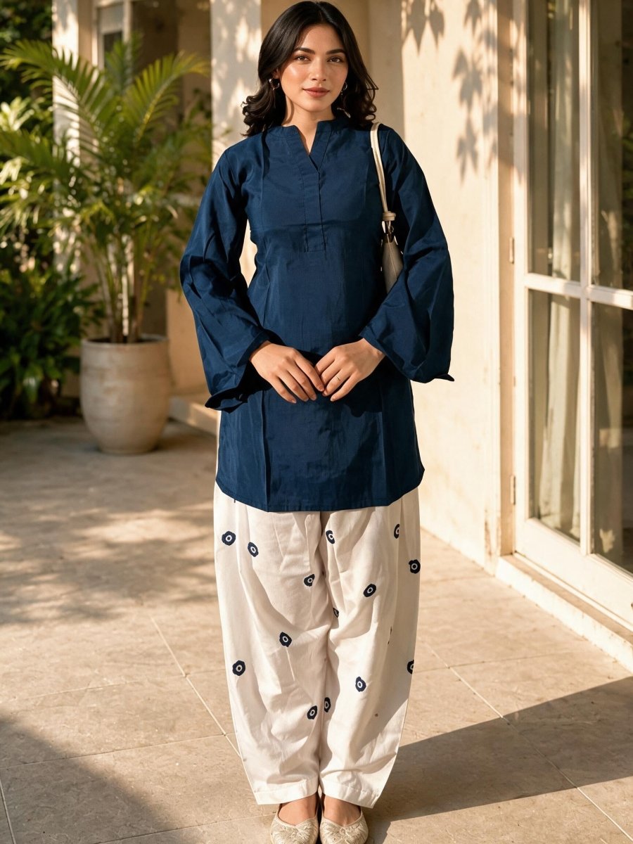 Navy Blue Rayon Kurti with Farshi Salwar Set - Soraani