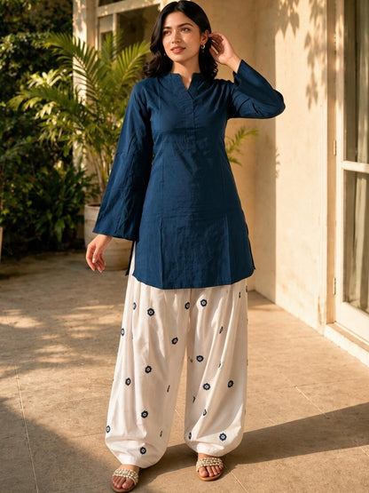 Navy Blue Rayon Kurti with Farshi Salwar Set - Soraani