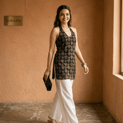 Noirika Lace-Back Halter Kurti - Soraani