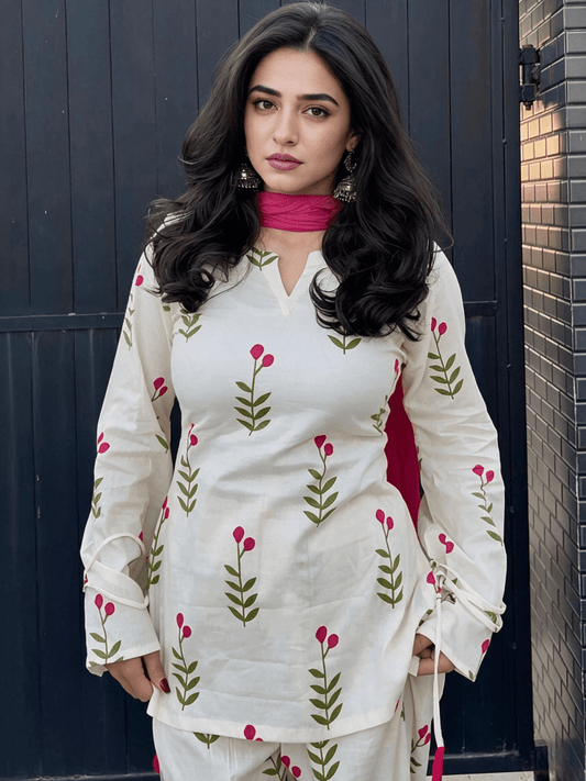 Pink Floral Printed Kurta with Palazzos - Soraani